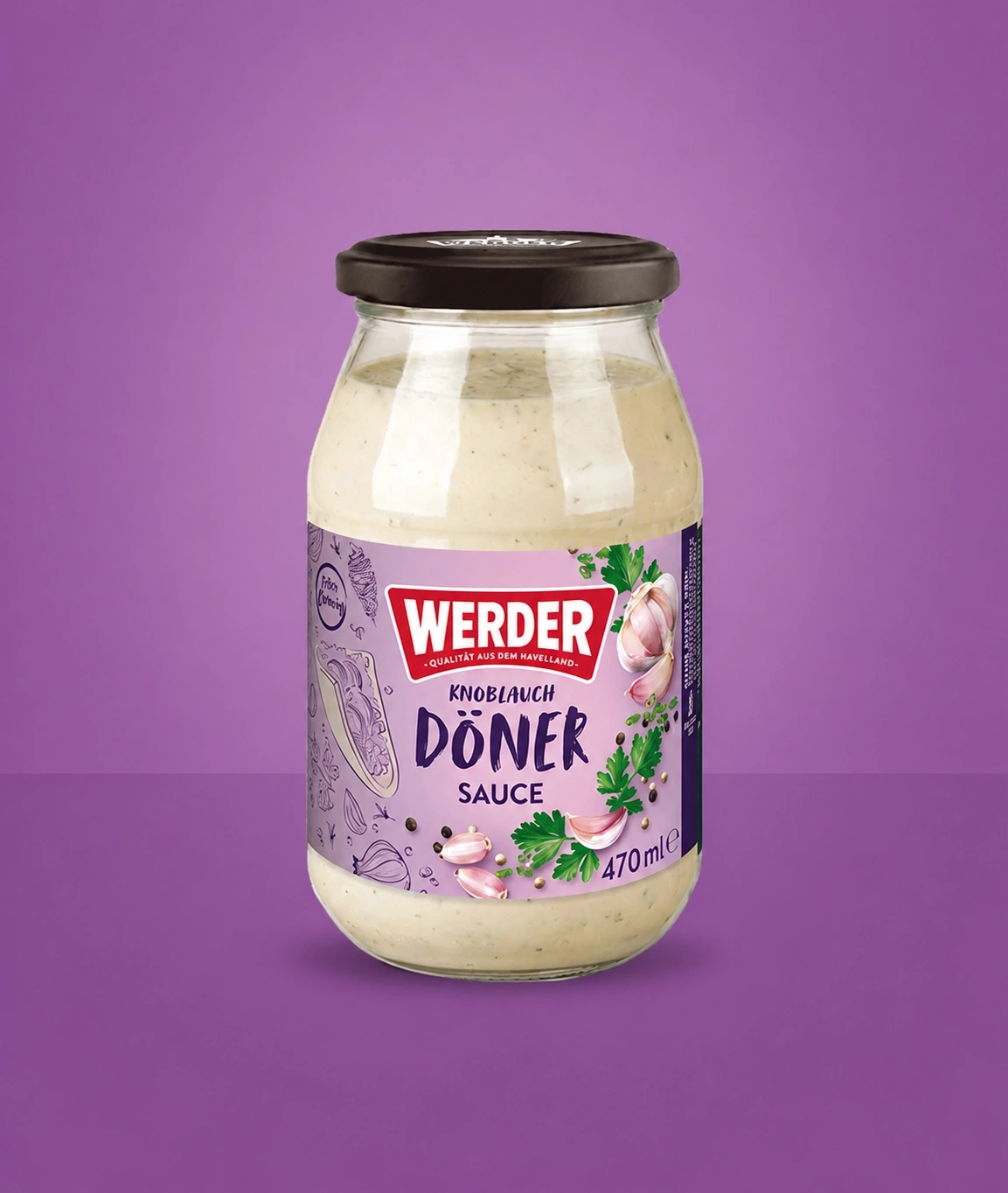 Werder Knoblauch Döner Sauce in einem Glas mit lila Hintergrund
