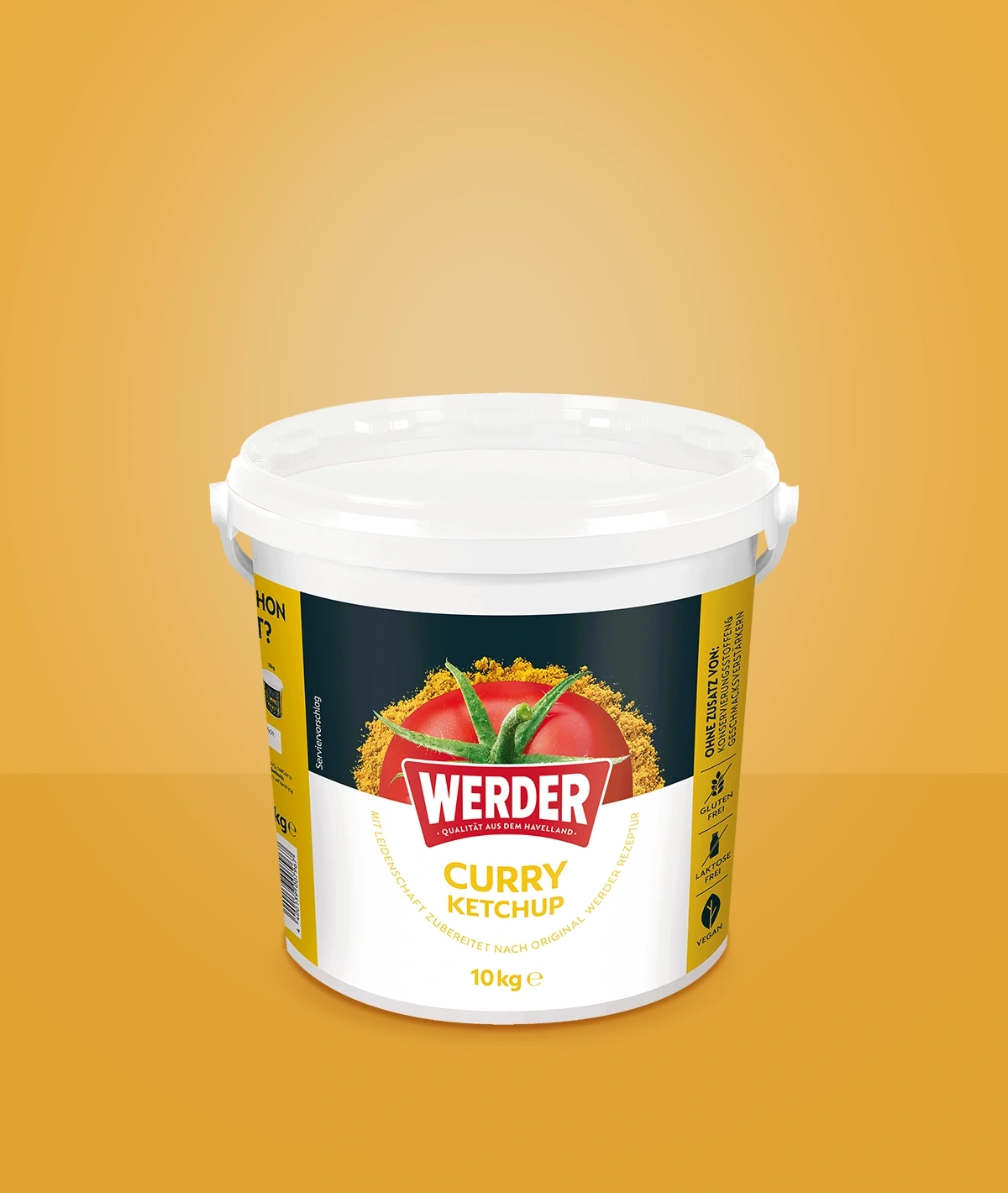 Ein großer Eimer Werder Curry Ketchup mit Tomatenbild auf gelbem Hintergrund.