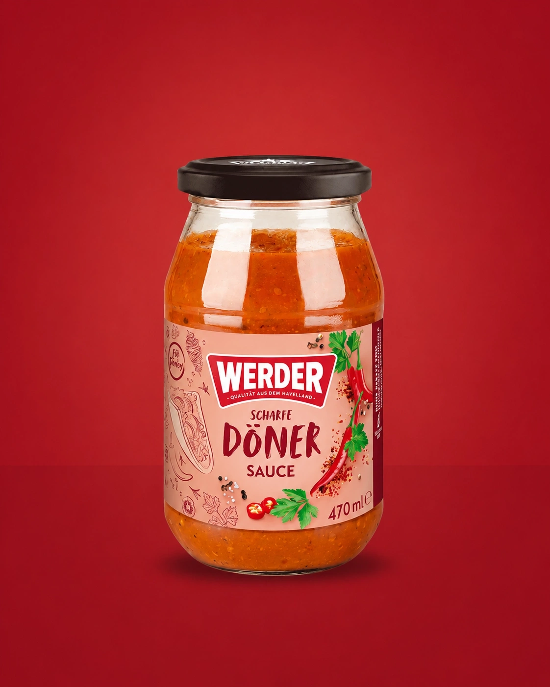Werder scharfe Döner Sauce in einem Glas mit roten Hintergrund.