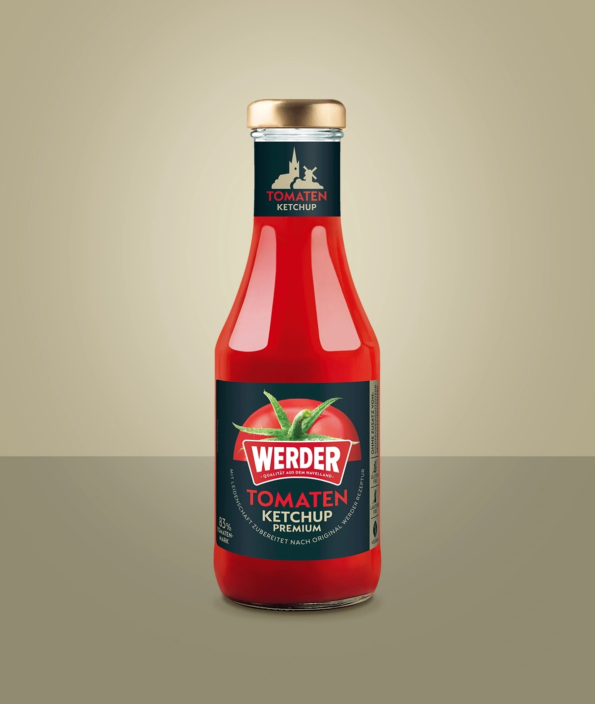 Werder Tomaten Ketchup Premium in einer Glasflasche mit goldfarbenem Deckel.