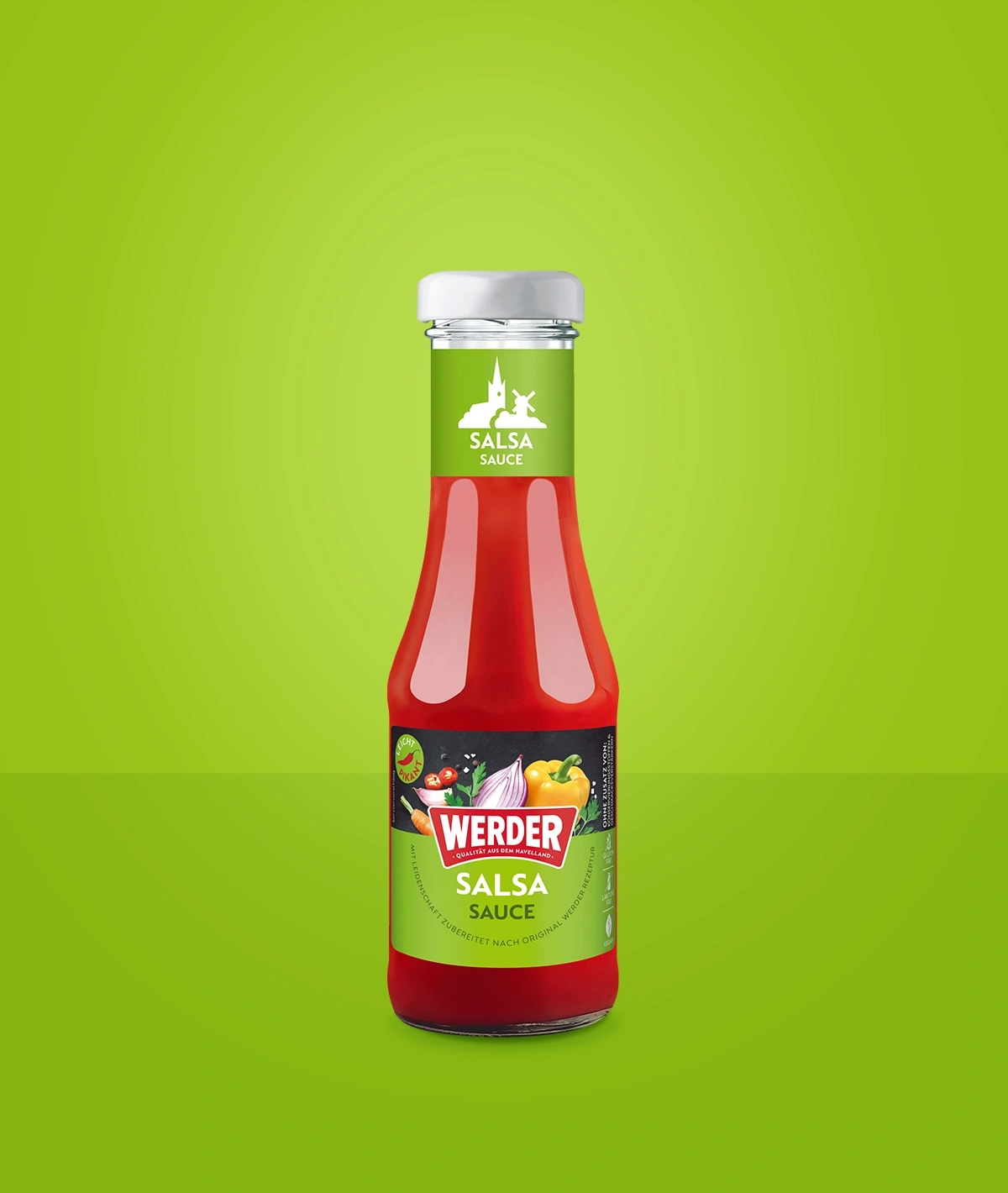 Flasche Werder Salsa Sauce mit einem grünen Etikett und einem Bild von Gemüse.