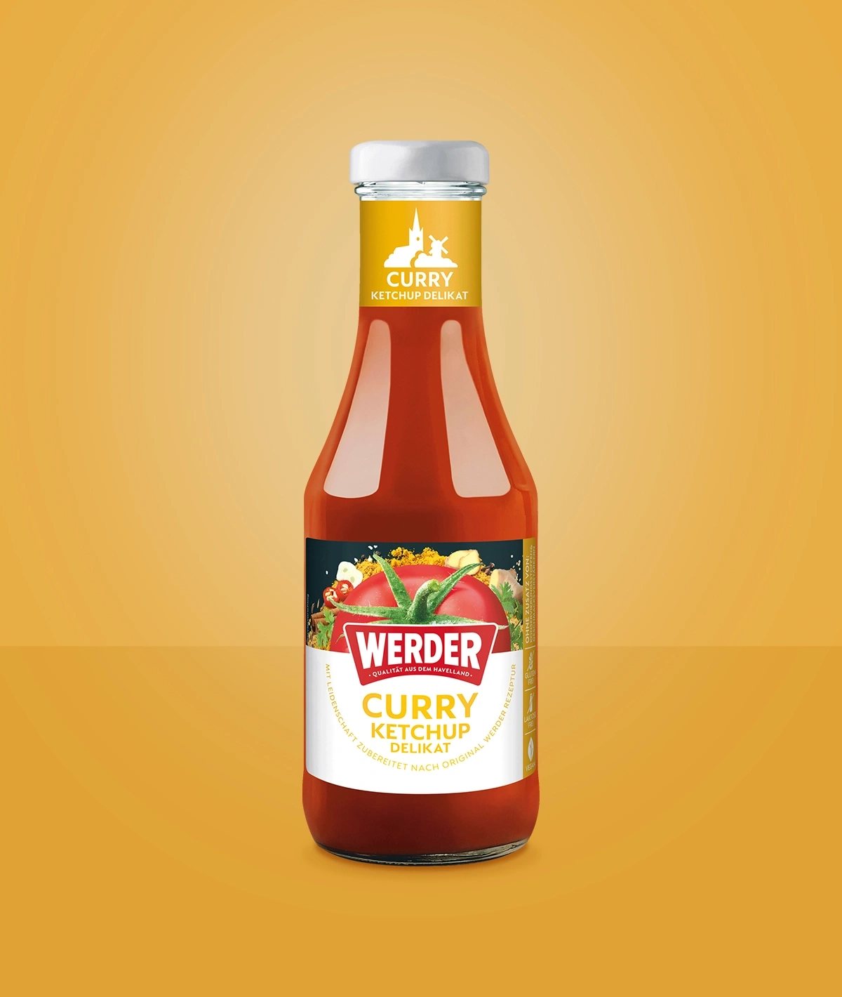 Werder Curry Ketchup Delikat in einer Glasflasche mit gelbem Etikett