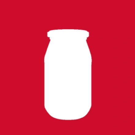 Ein weißes Glas auf rotem Hintergrund, das Milch symbolisiert.