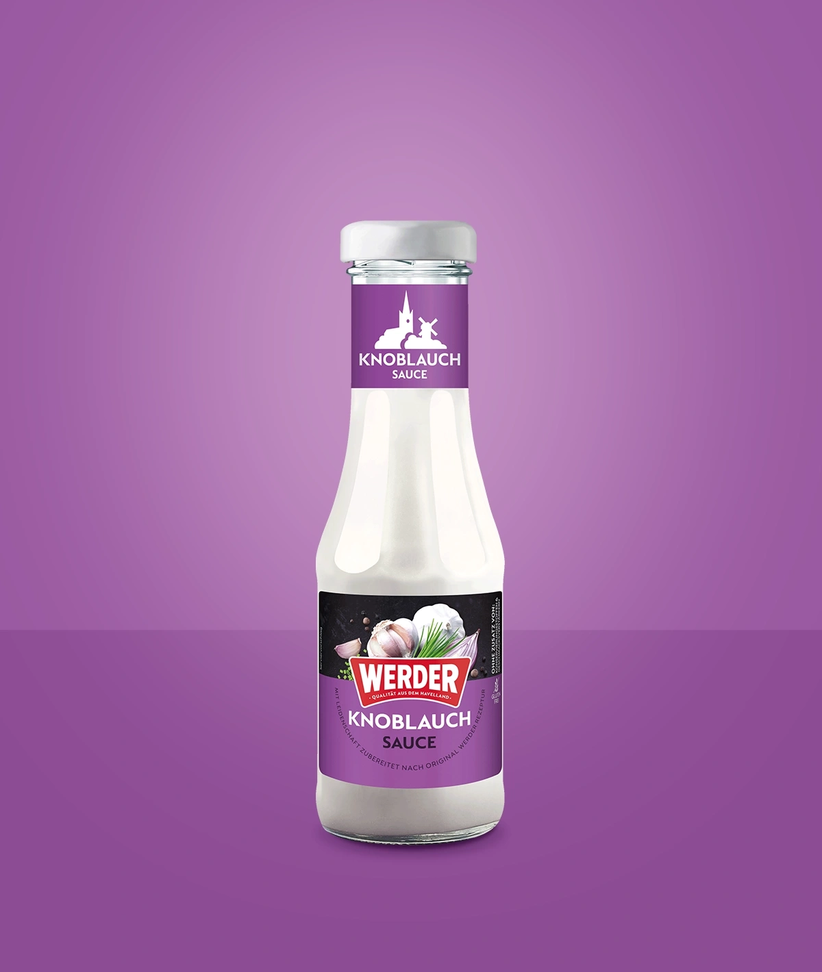 Flasche Werder Knoblauch Sauce mit lila Hintergrund