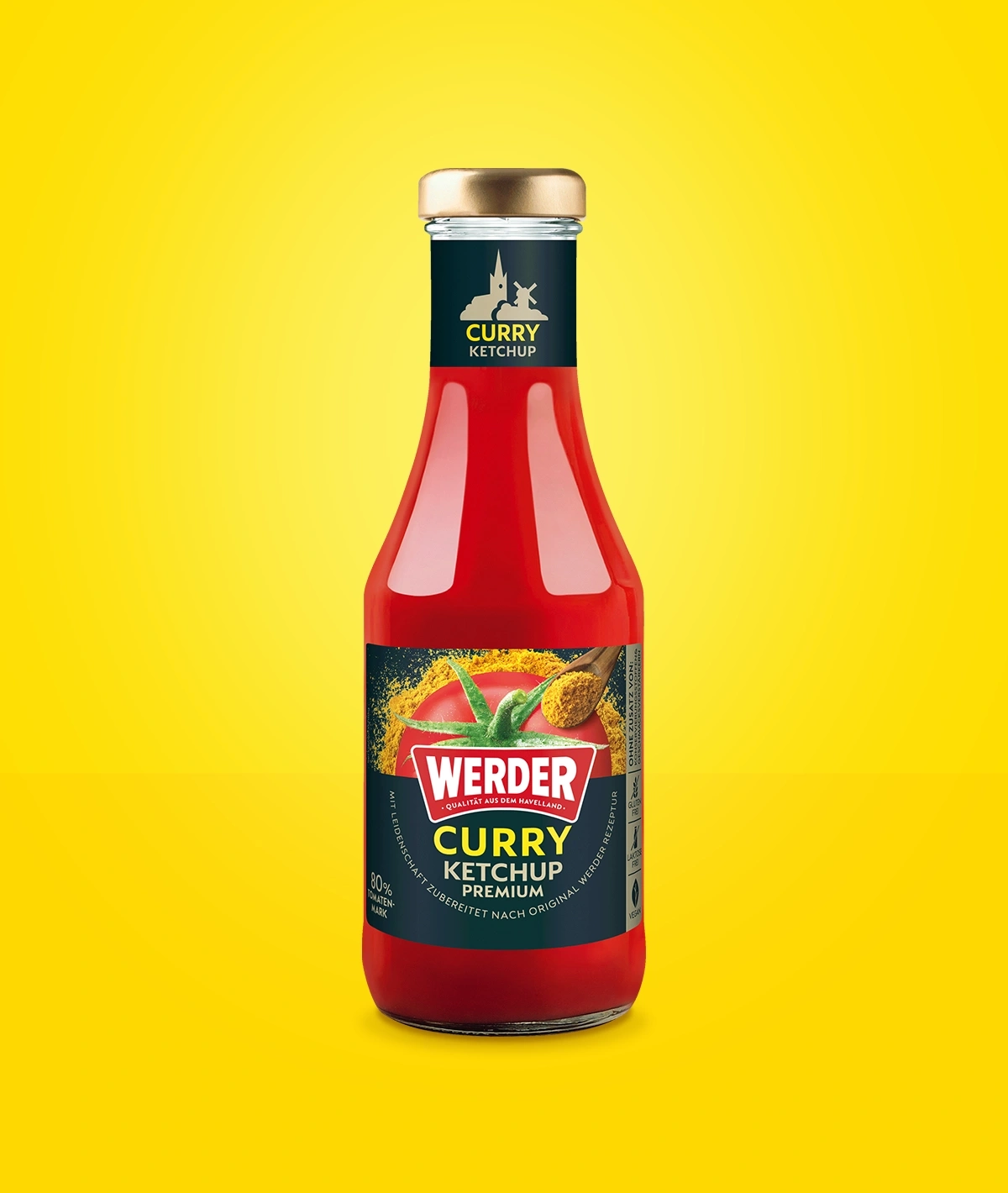Werder Curry Ketchup Premium Flasche mit gelbem Hintergrund