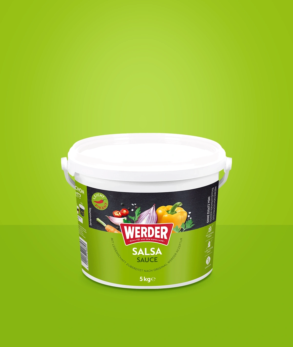 Werder Salsa Sauce, 5 kg, in einem grünen Eimer auf einem grünen Hintergrund.
