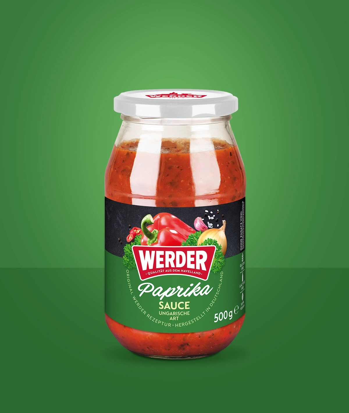 Ein Glas Paprikasauce von Werder mit der Aufschrift "Paprika Sauce Ungarische Art"