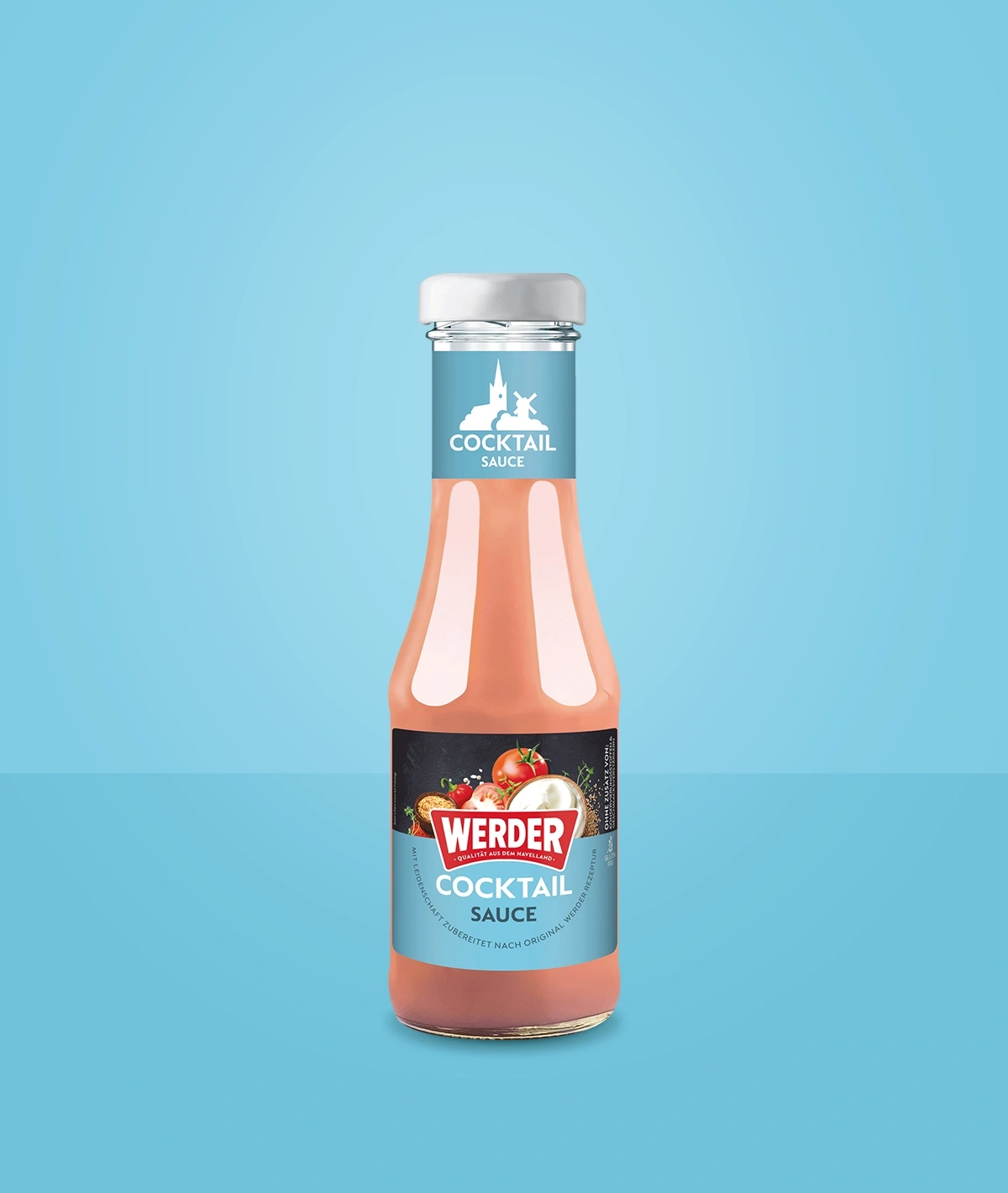 Flasche Werder Cocktail Sauce mit Zutaten und Logo auf blauem Hintergrund