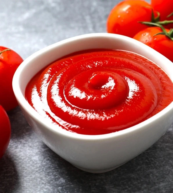 Schüssel mit Ketchup und Tomaten