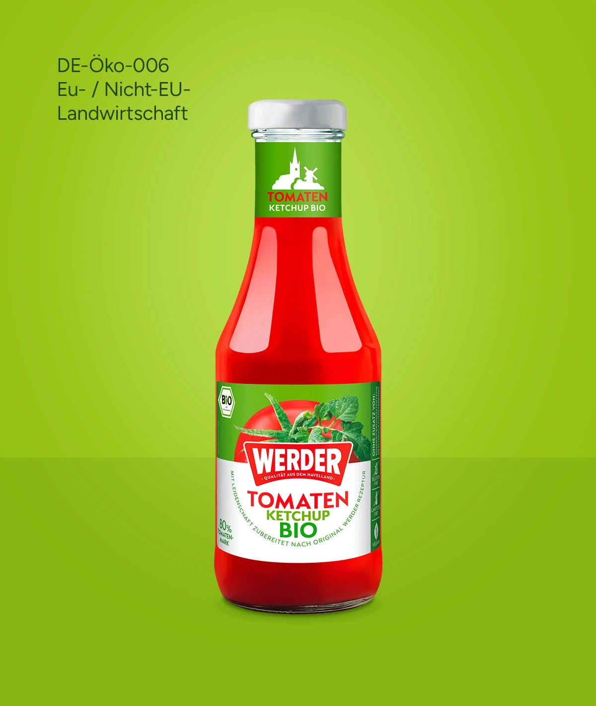 Flasche Tomaten Ketchup Bio von Werder mit Text auf Deutsch