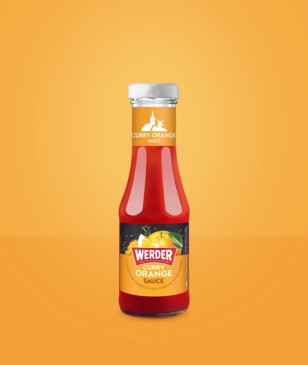 Flasche Curry Orange Sauce von Werder mit Orangenstücken
