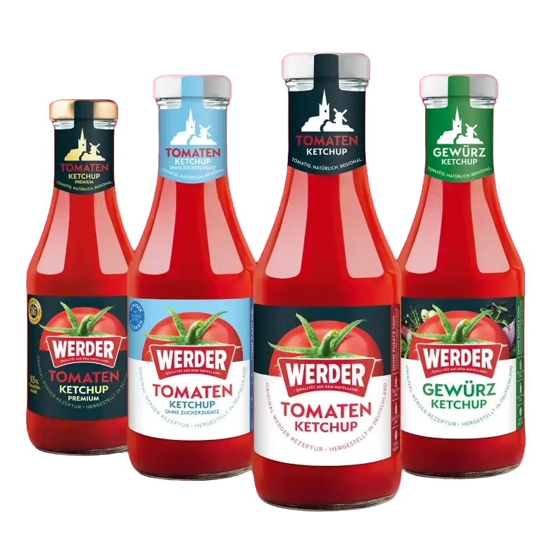 Vier Flaschen Werder Tomaten Ketchup und Gewürzketchup in verschiedenen Sorten