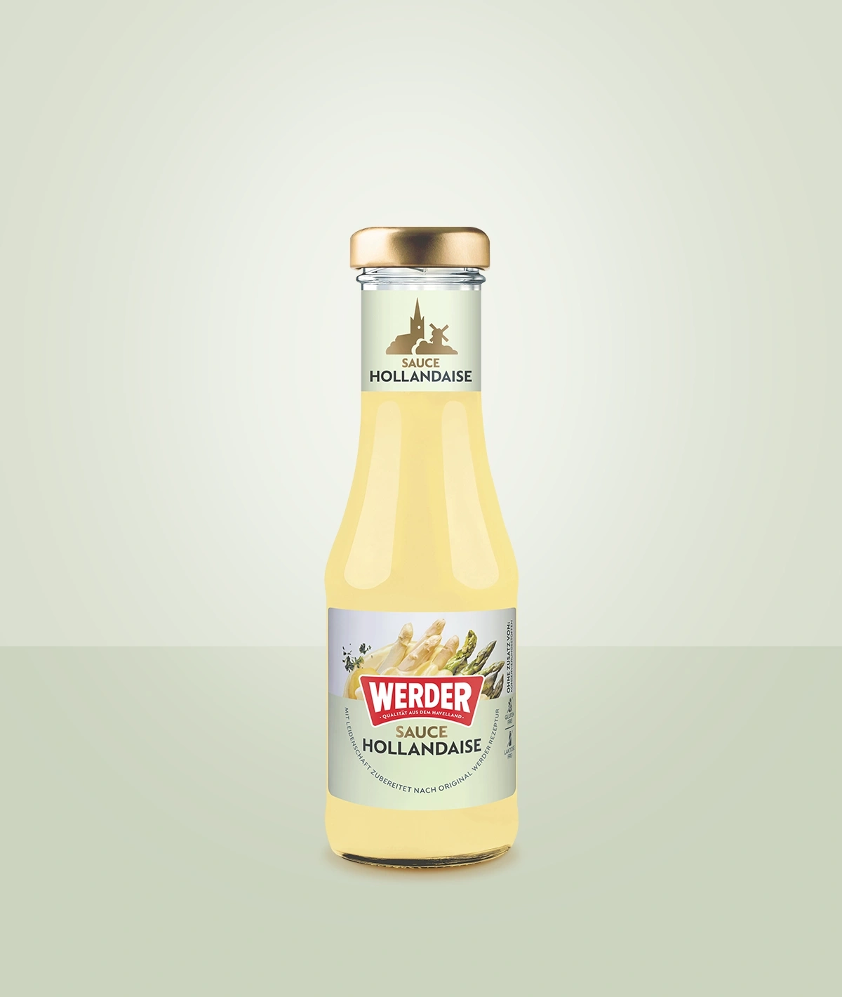 Flasche Werder Sauce Hollandaise mit Spargelmotiv und Schriftzug