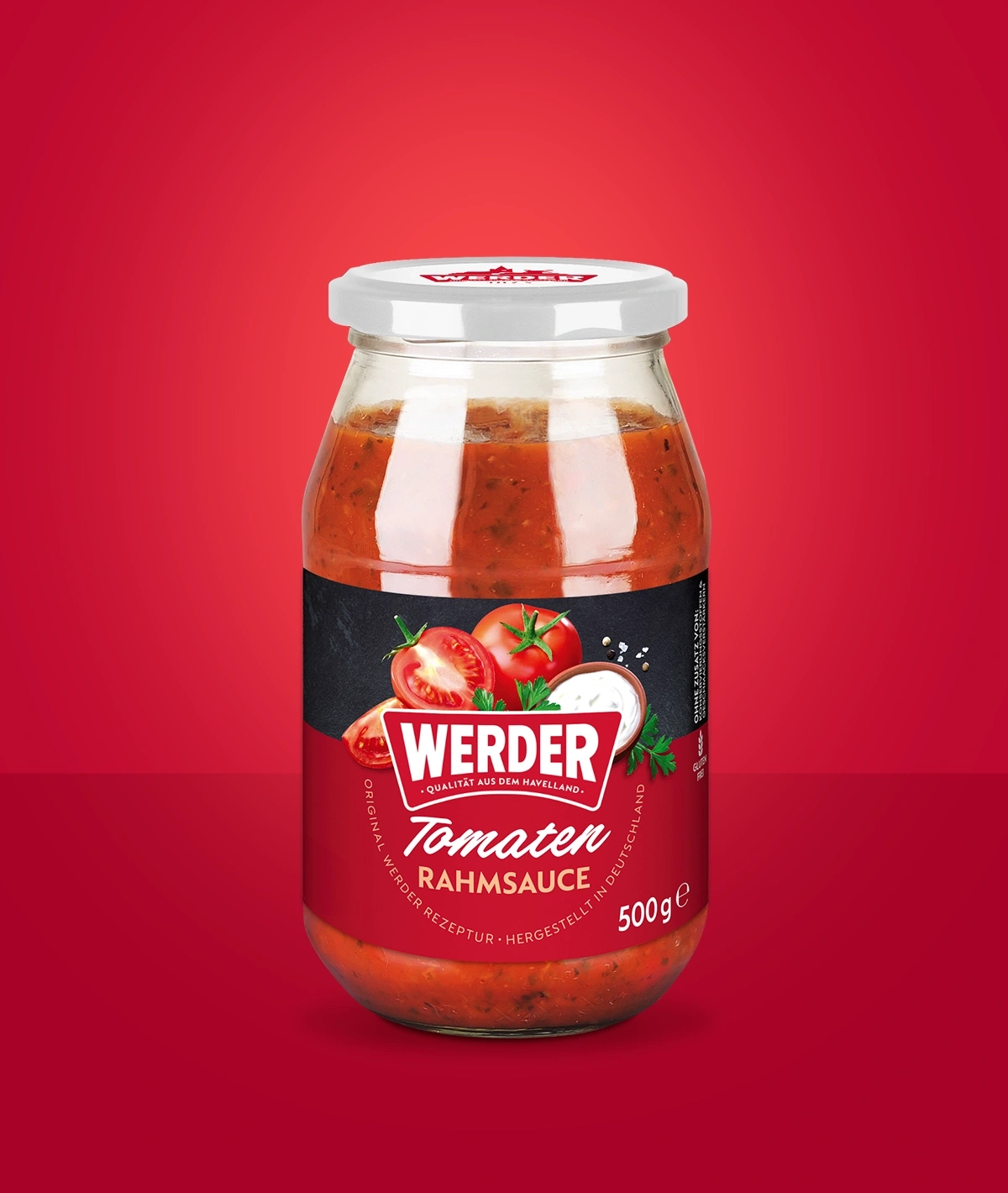 Werder Tomaten Rahmsauce im Glas, 500g, rotes Hintergrundmotiv