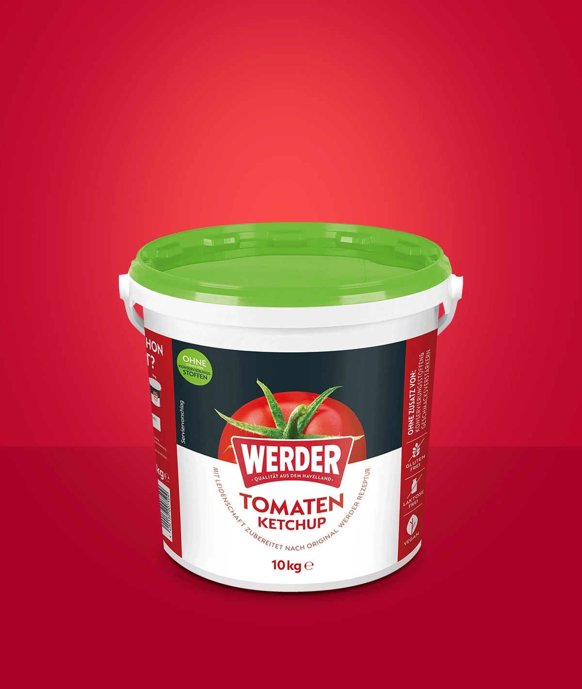 Ein Eimer Tomatenketchup von Werder mit 10kg Inhalt auf rotem Hintergrund.