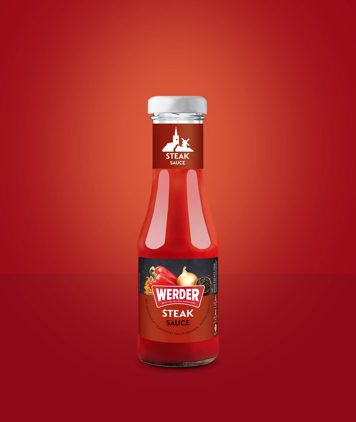 Werder Steak Sauce Flasche mit rotem Hintergrund.