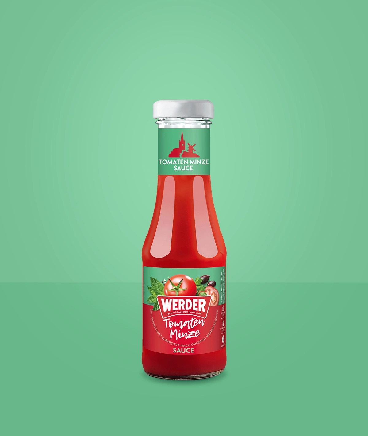 Werder Tomaten Minze Sauce in Glasflasche, Nahaufnahme, mit Hintergrund