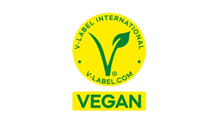 Veganes V-Label Siegel mit Text V-Label International und Vegan