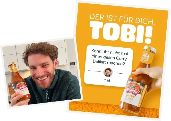 Mann hält Curry Ketchup Flasche mit Text 'Der ist für dich, Tobi!'