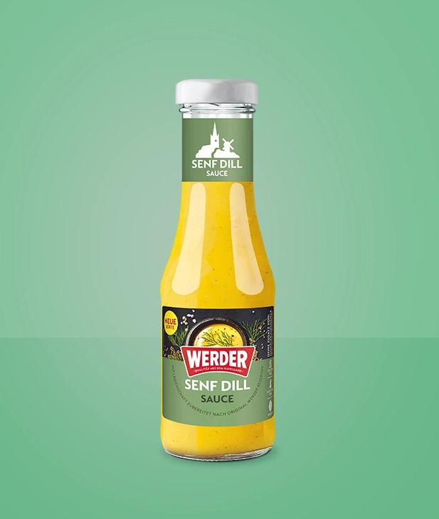 Flasche mit Senf-Dill-Sauce, "Werder" Marke, grüne Etiketten