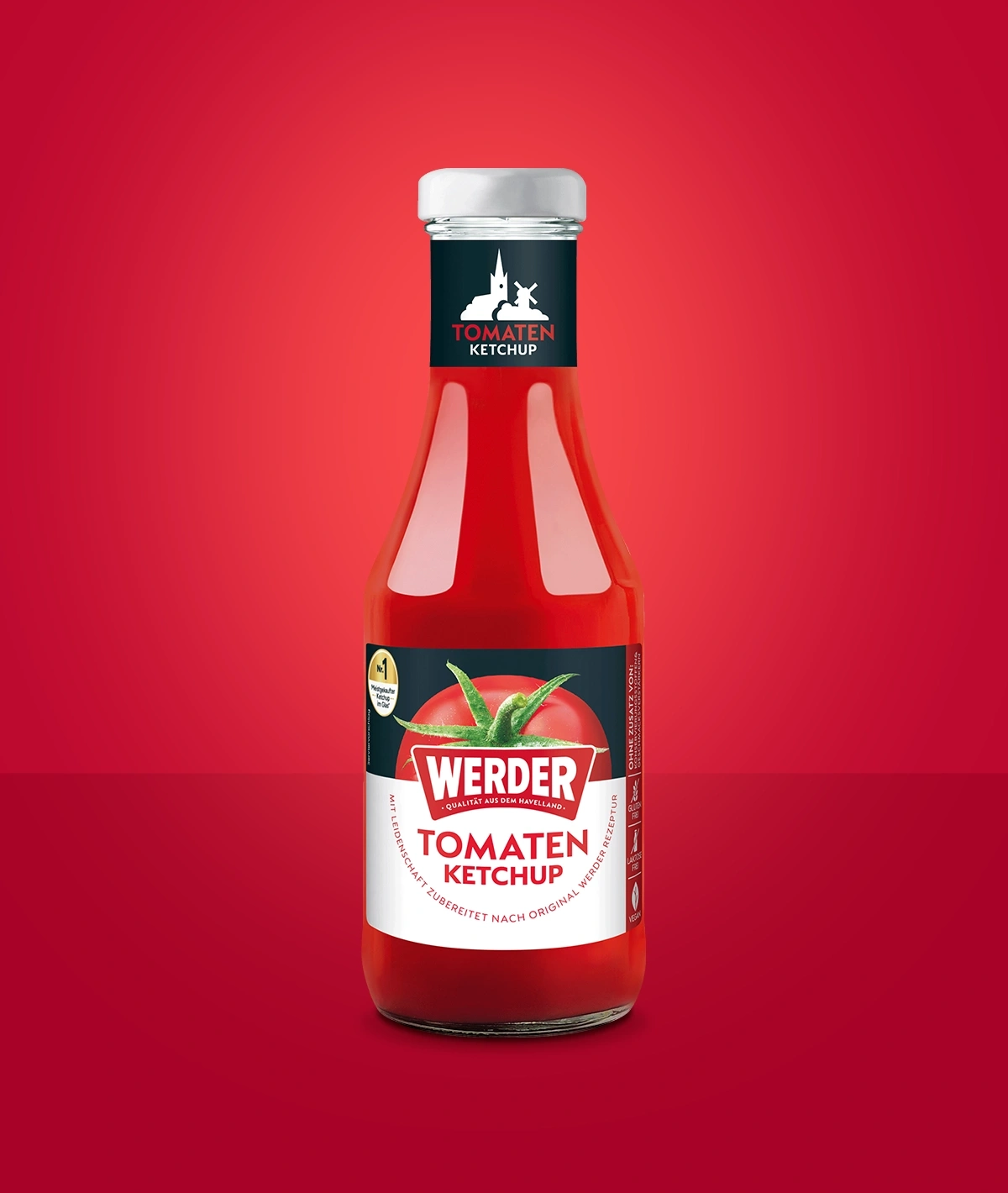 Flasche Tomaten Ketchup von Werder mit einer Silhouette von Gebäuden und einer Windmühle