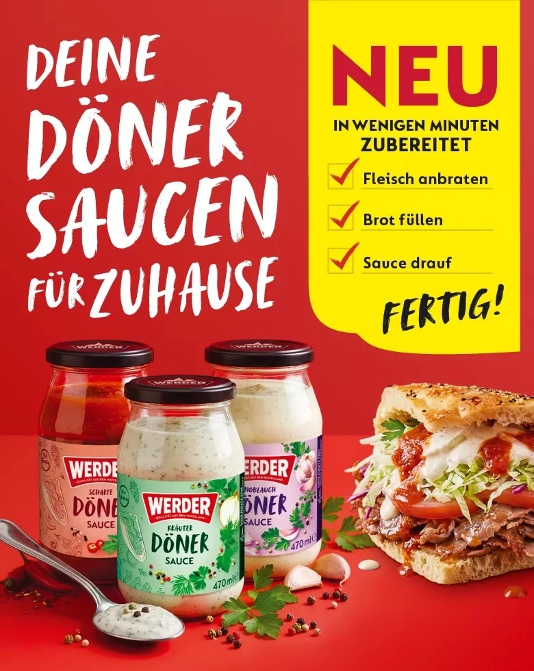 Drei Gläser Werder Döner Saucen und ein fertiger Döner Kebab.