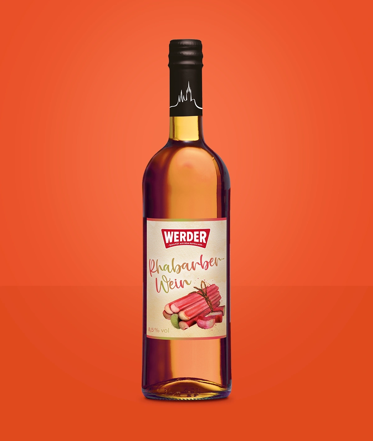 Flasche Werder Rhabarberwein mit 8,5% vol auf orangenem Hintergrund.