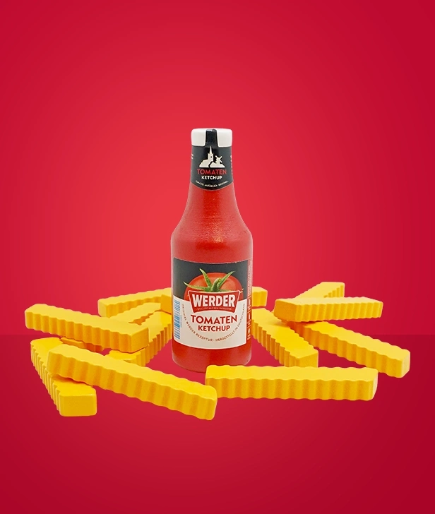 Werder Tomaten Ketchup Flasche mit Pommes aus Holz