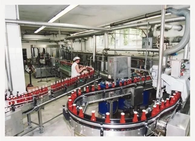 Eine Frau in einer Fabrik, Flaschenabfüllanlage für Ketchup, Fließband mit Flaschen.