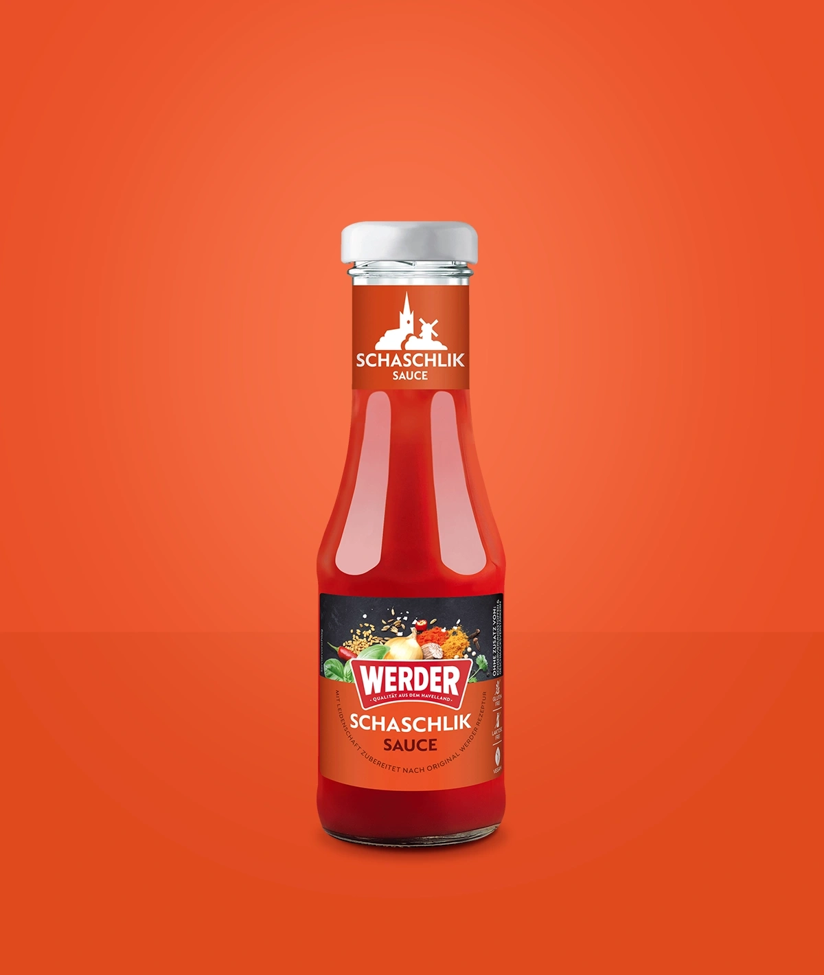 Flasche Werder Schaschlik Sauce auf orangem Hintergrund.